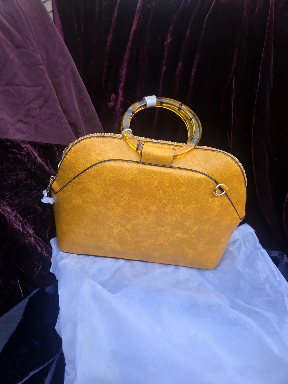 Vegan Leather Mustard Yellow Satchel Bag Tortoiseshell Handles Top Handle Purse